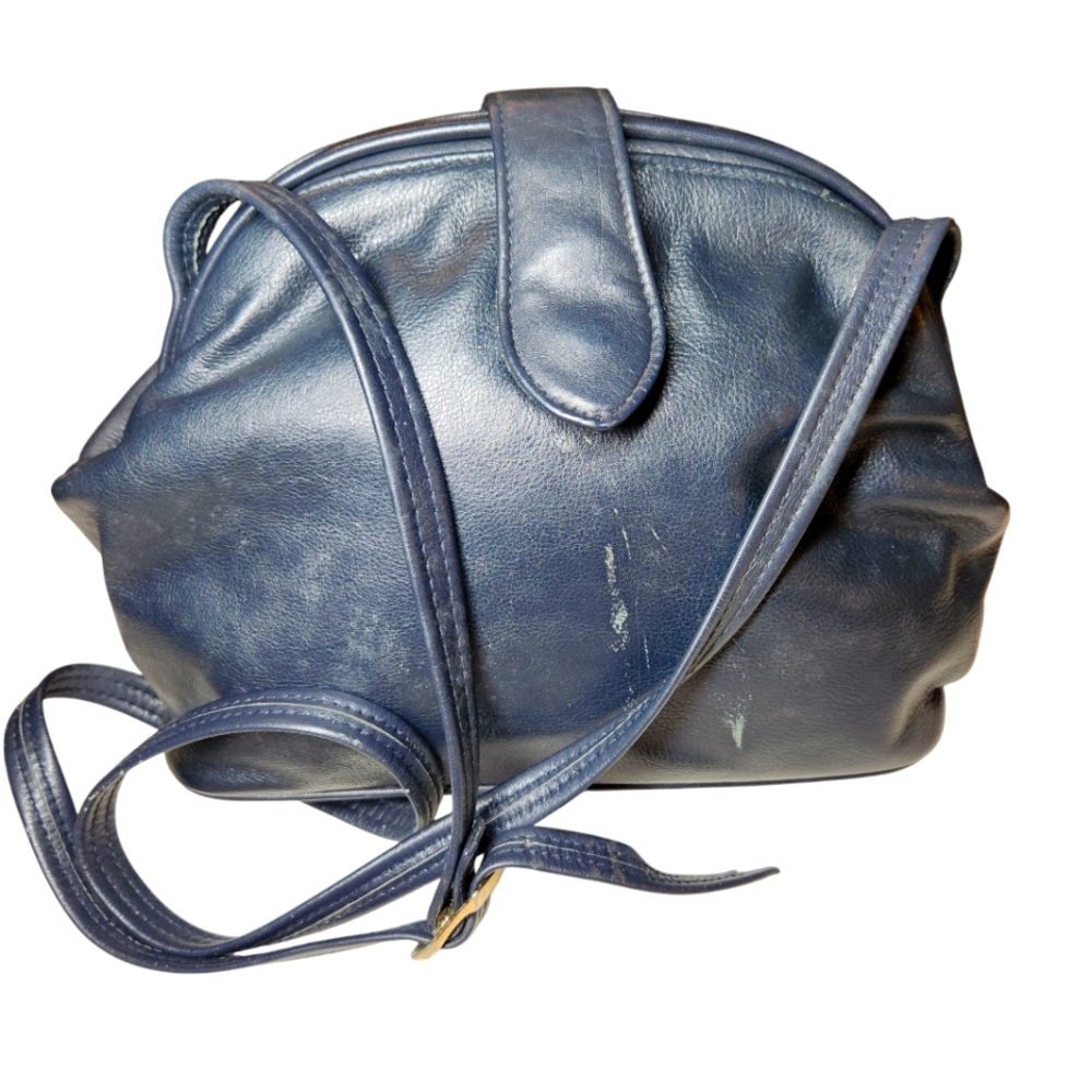 Vintage‎ 80s Blue Leather Handbag Clamshell Grannycore Cottagecore Festival Boho